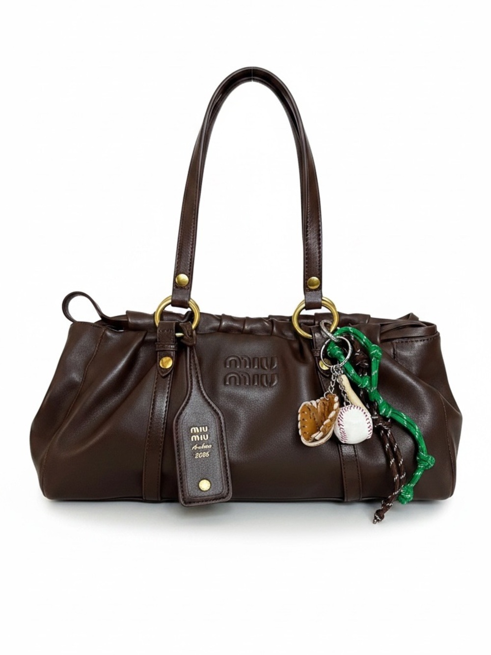 Miu Miu Dark Brown Leather Shoulder Bag with Green Charm - Picture 4 of 10